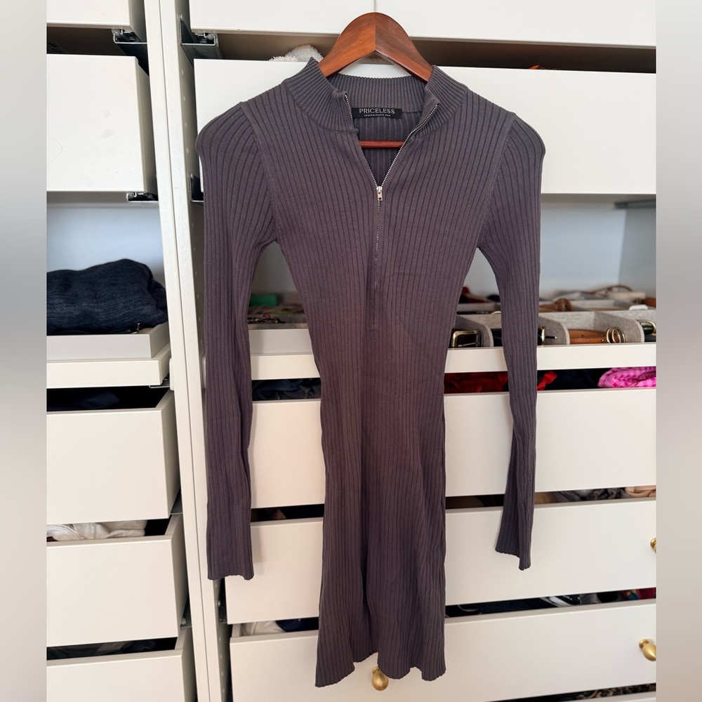 Priceless Charcoal Ribbed Long Sleeve Dress